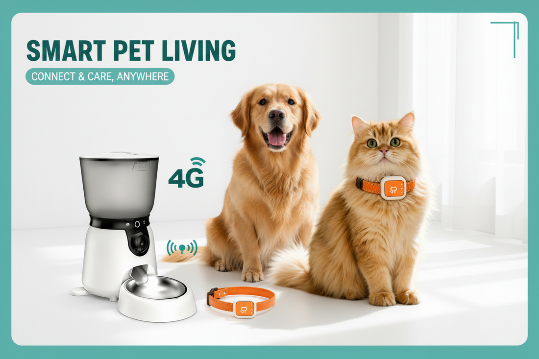  A dog and cat sitting next to a Dreamee 4G GPS pet tracker collar and smart pet feeder with camera, showcasing modern pet health technology