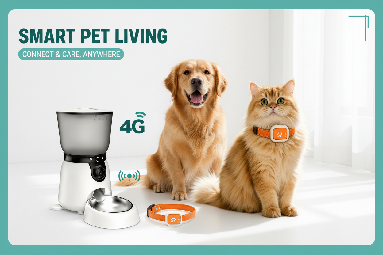  A dog and cat sitting next to a Dreamee 4G GPS pet tracker collar and smart pet feeder with camera, showcasing modern pet health technology
