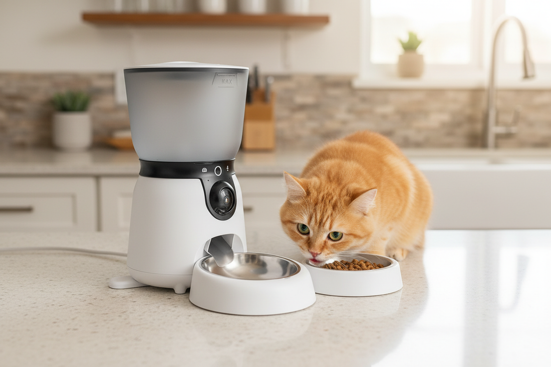 Dreamee Smart Pet Feeder with camera on kitchen counter with a happy cat eating, controlled via smartphone app