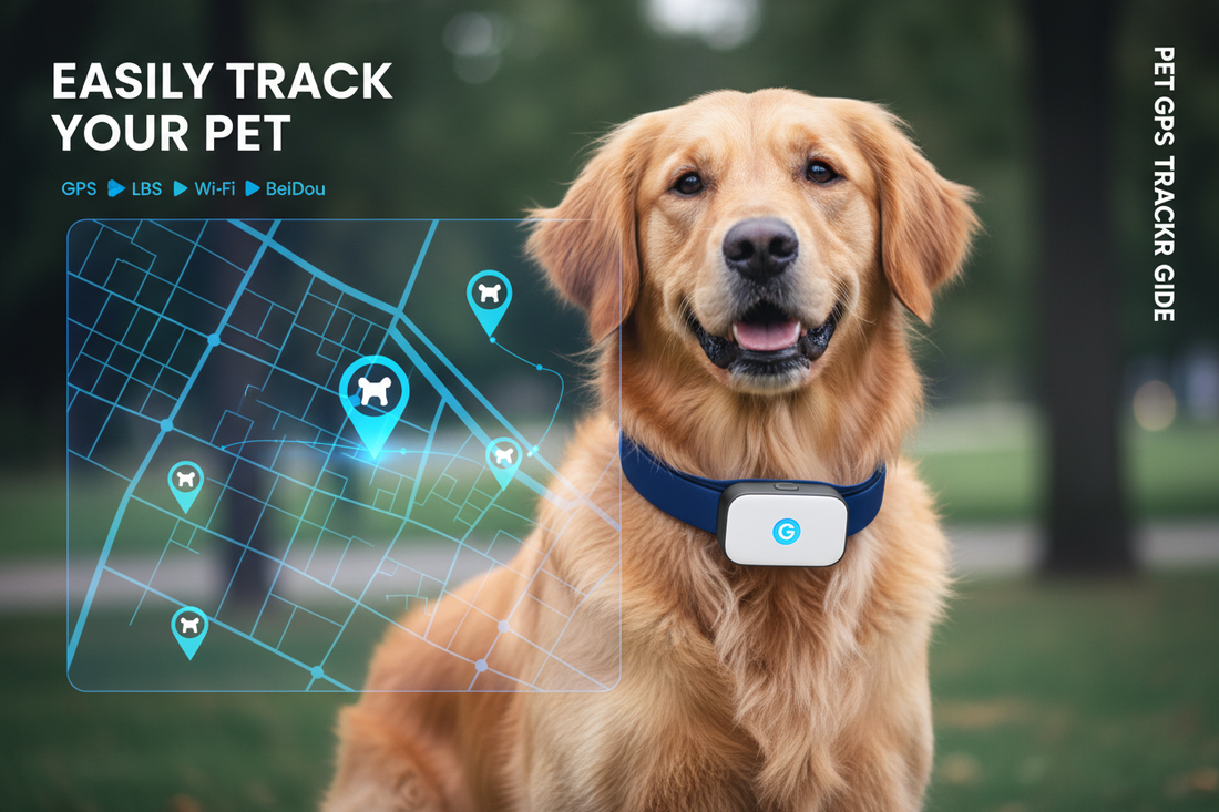 A dog wearing a Dreamee 4G GPS Pet Tracker Collar outdoors with a digital map tracking interface overlay