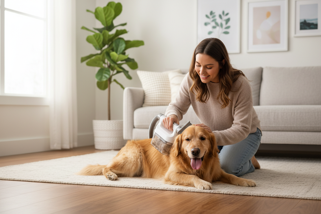 Person grooming a happy dog at home with Dreamee pet grooming kit